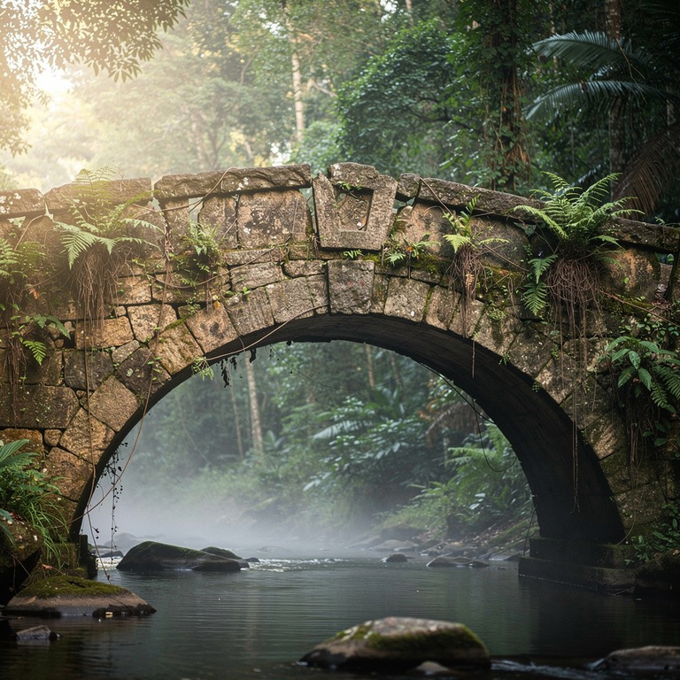 Ancient stone bridge over a quiet jungle stream, soft fog | ShopAyahuascaRetreats