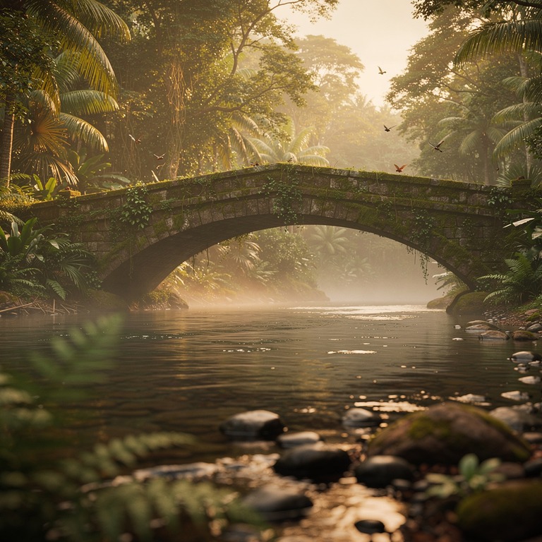 Ancient stone bridge over a quiet jungle stream, soft fog | ShopAyahuascaRetreats