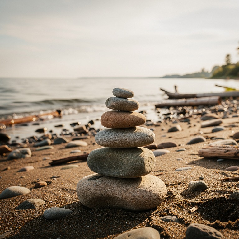 Cairn of smooth river stones on a quiet beach | ShopAyahuascaRetreats