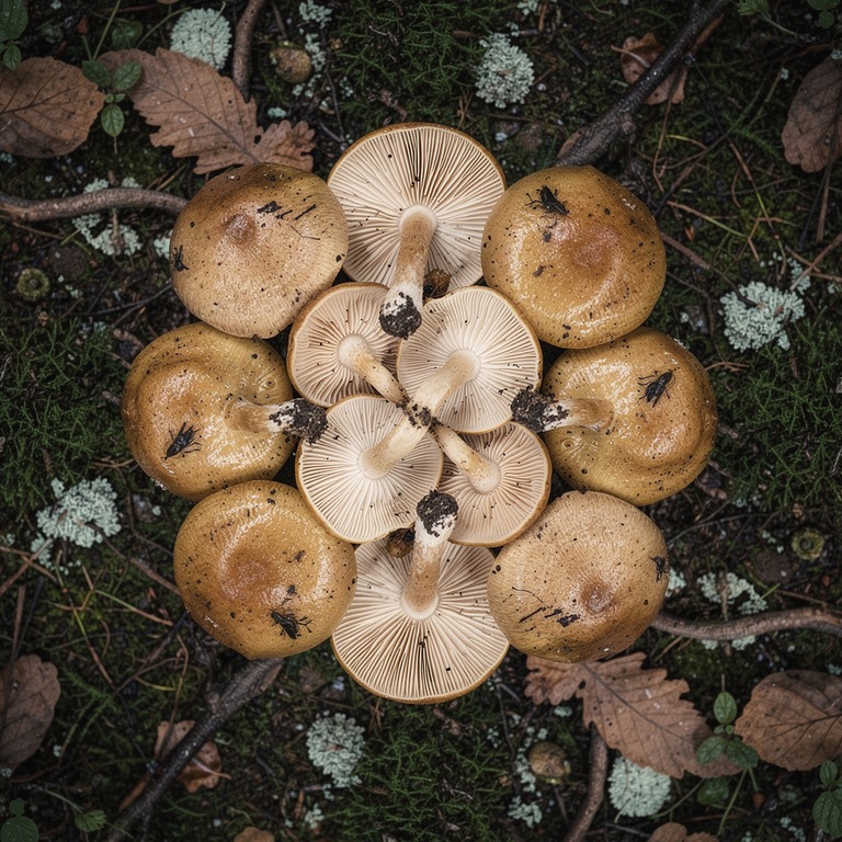 Cluster of forest mushrooms with intricate gill detail under... | ShopAyahuascaRetreats