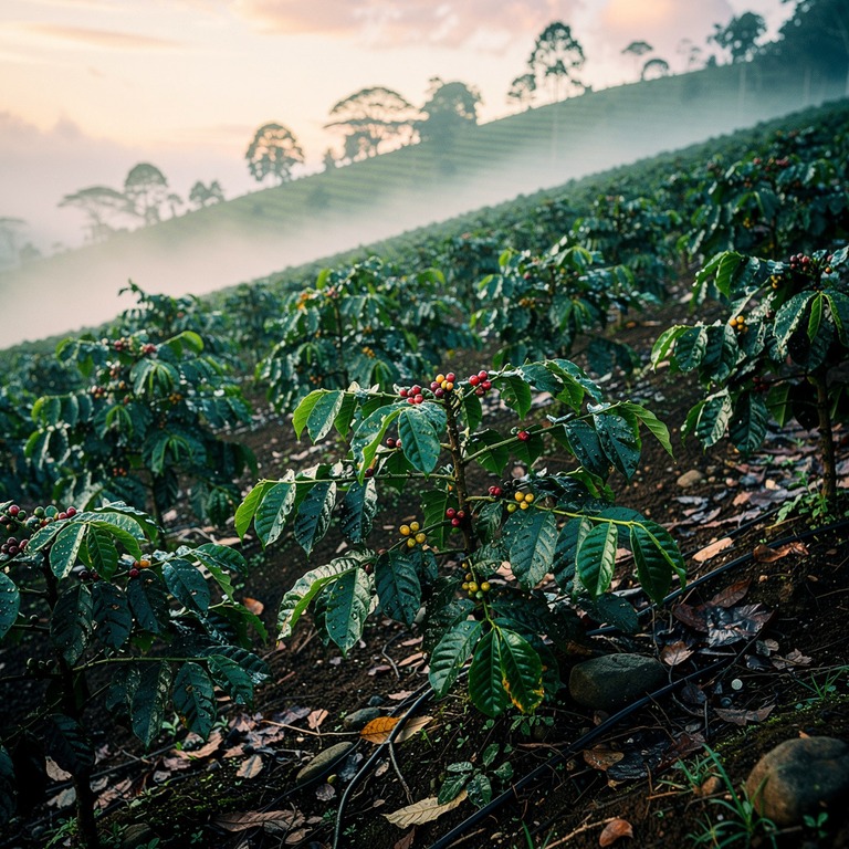 Coffee plantation hillside at dawn, mist between rows of pla... | ShopAyahuascaRetreats