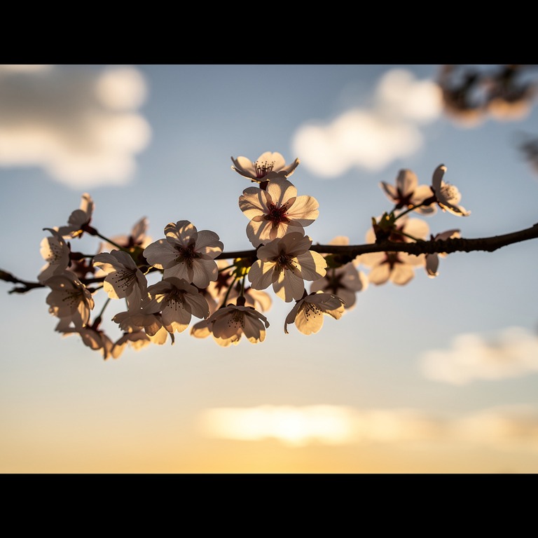 Delicate, white cherry blossoms bloom on a lone branch, set ... | ShopAyahuascaRetreats