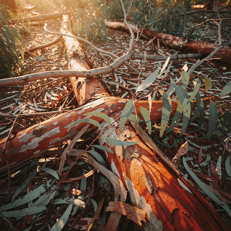 Eucalyptus grove at sunrise, peeling bark and silver leaves | ShopAyahuascaRetreats
