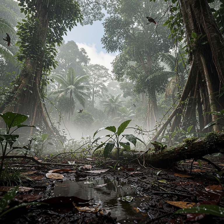 Jungle clearing after heavy rain, steam rising from leaf lit... | ShopAyahuascaRetreats