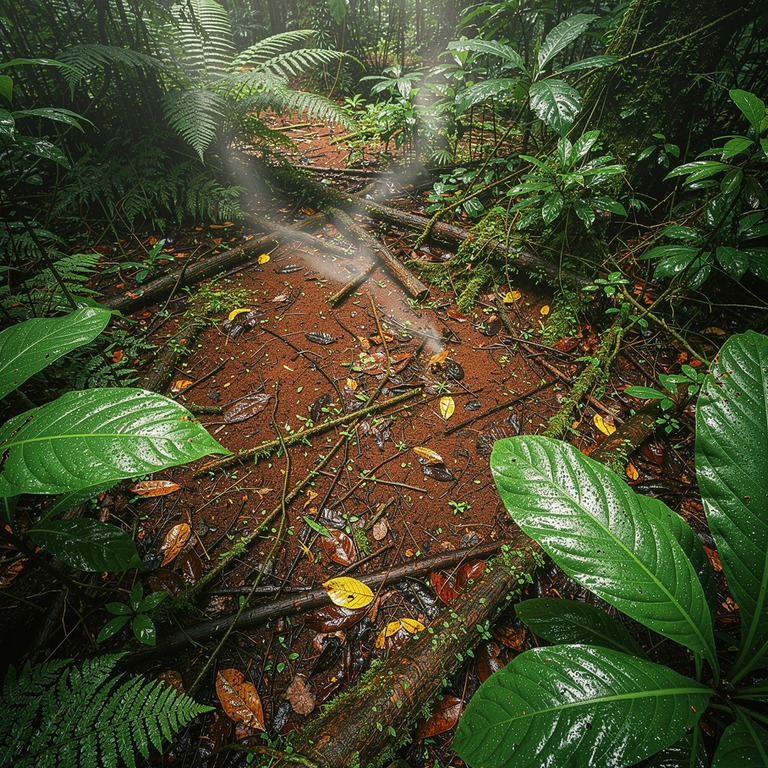 Jungle clearing after heavy rain, steam rising from leaf lit... | ShopAyahuascaRetreats