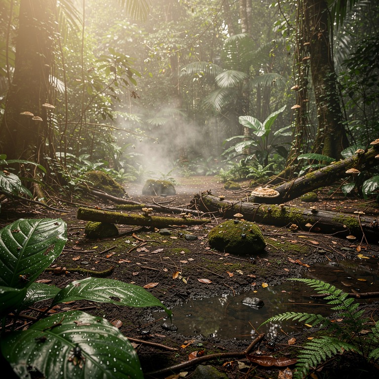 Jungle clearing after heavy rain, steam rising from leaf lit... | ShopAyahuascaRetreats