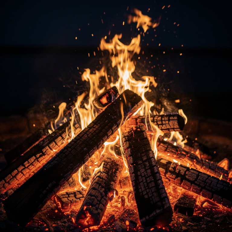 Large bonfire burning at night, orange embers rising into da... | ShopAyahuascaRetreats