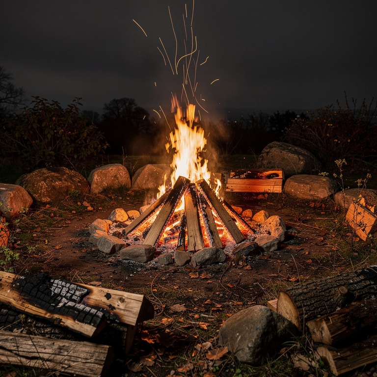 Large bonfire burning at night, orange embers rising into da... | ShopAyahuascaRetreats