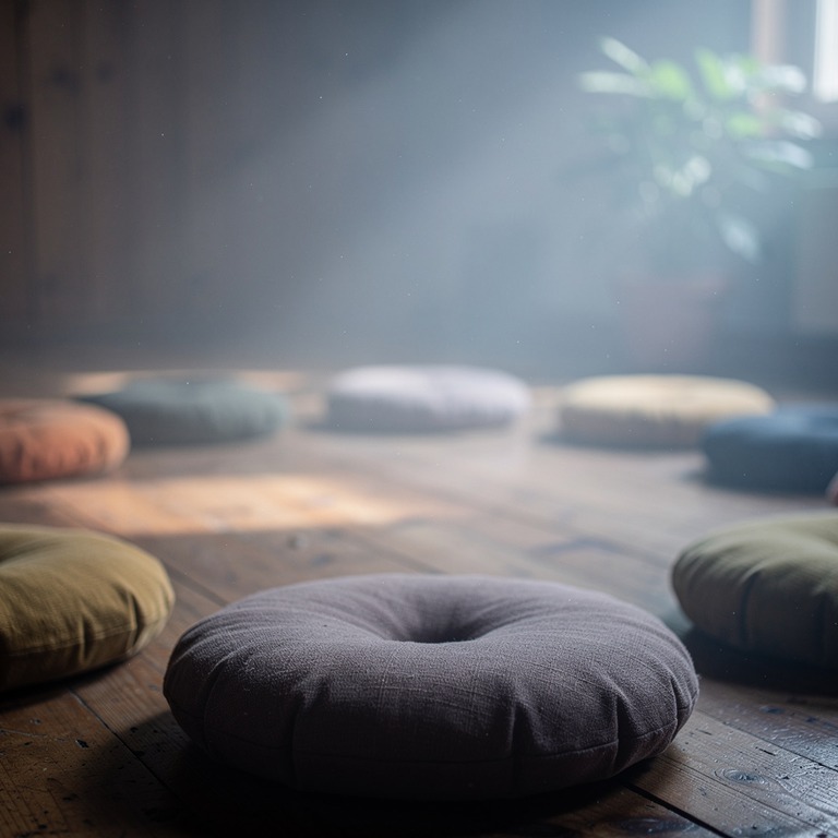 Meditation cushions arranged in a circle on a wooden floor | ShopAyahuascaRetreats