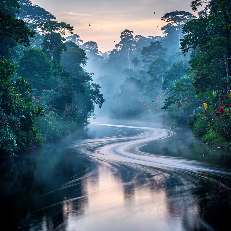 Misty Amazonian river snaking between dense forested banks a... | ShopAyahuascaRetreats