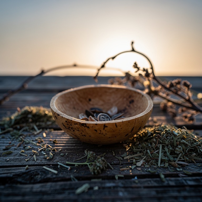 On a weathered, wooden surface, a small, shallow bowl made f... | ShopAyahuascaRetreats