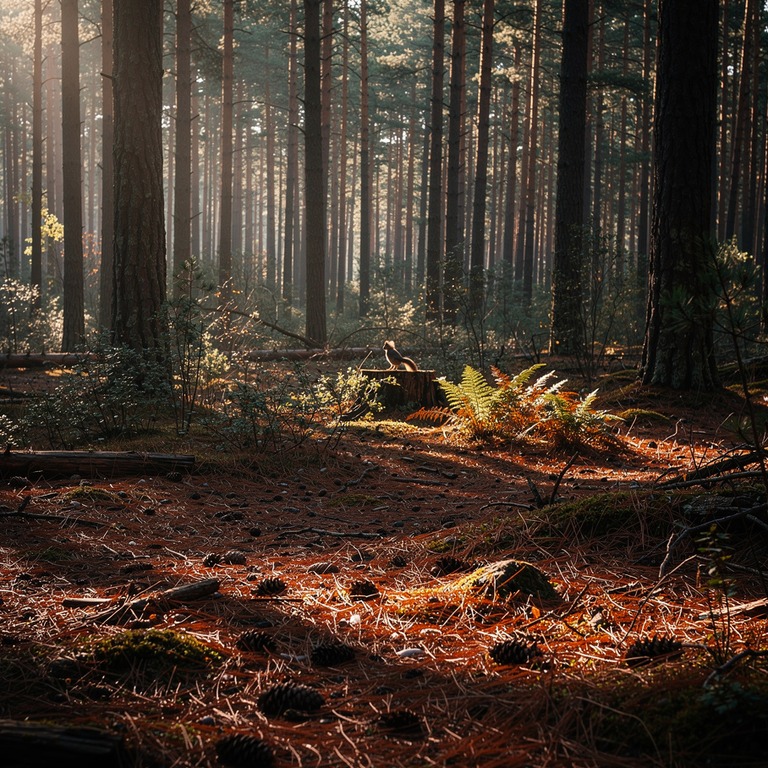 Pine forest with red-brown needle floor, soft afternoon ligh... | ShopAyahuascaRetreats