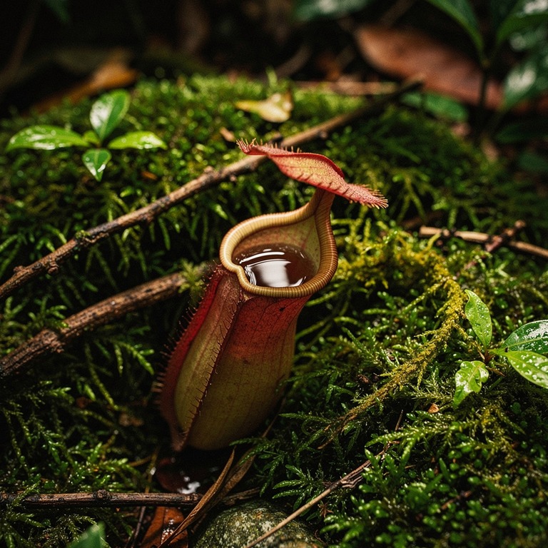 Pitcher plant nestled in moss, water collected inside the cu... | ShopAyahuascaRetreats