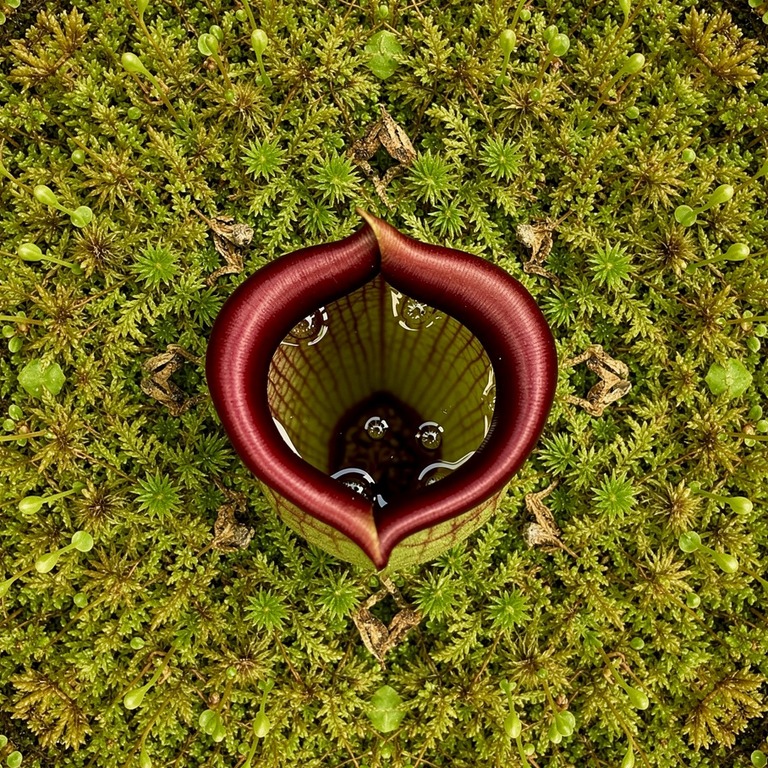 Pitcher plant nestled in moss, water collected inside the cu... | ShopAyahuascaRetreats