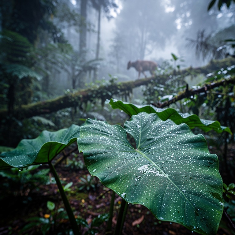 Rainforest understory with massive elephant-ear leaves dripp... | ShopAyahuascaRetreats