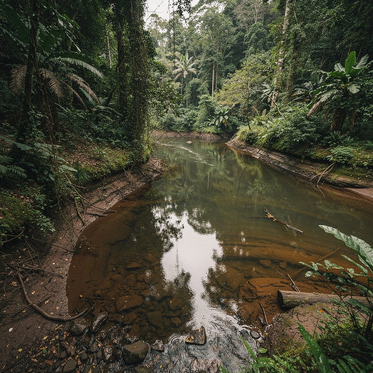 River bend in deep rainforest, reflection of trees on still ... | ShopAyahuascaRetreats