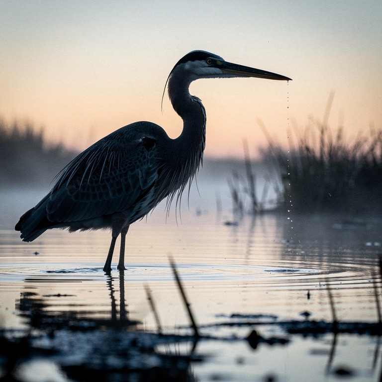 Silhouette of a heron fishing at dawn in misty shallows | ShopAyahuascaRetreats