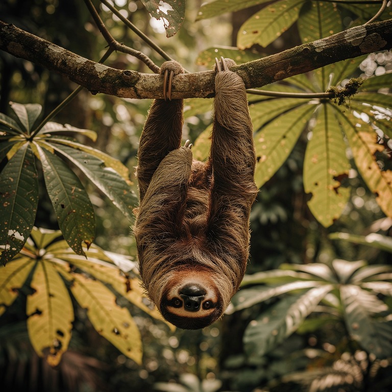 Sloth hanging upside-down from a cecropia branch | ShopAyahuascaRetreats