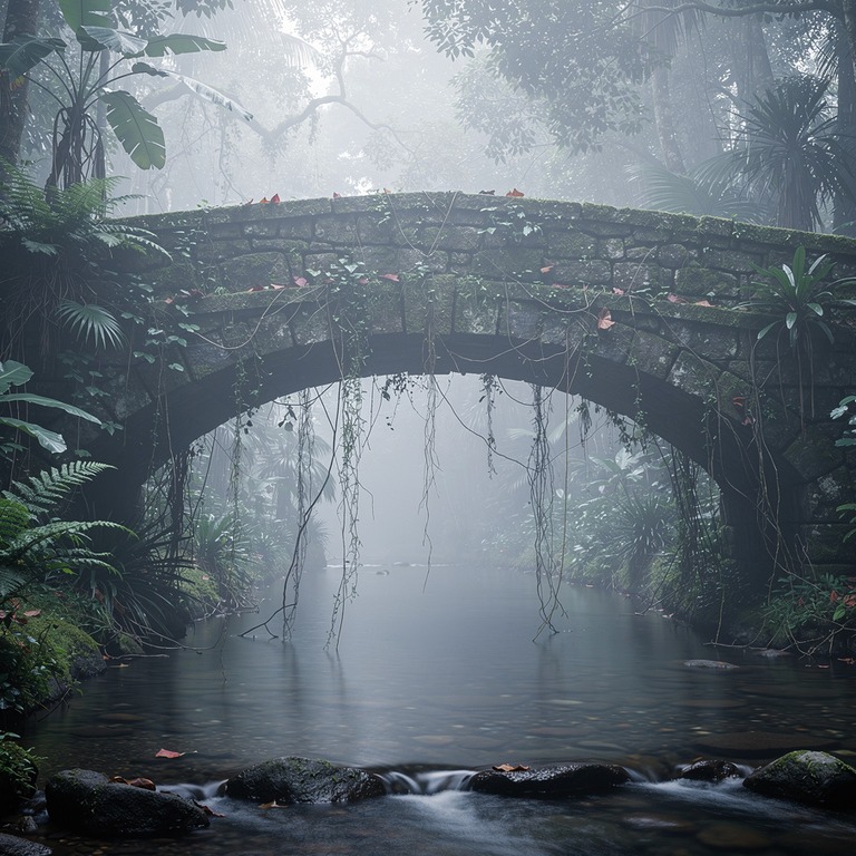 Stone bridge over a jungle stream, covered in hanging vines | ShopAyahuascaRetreats