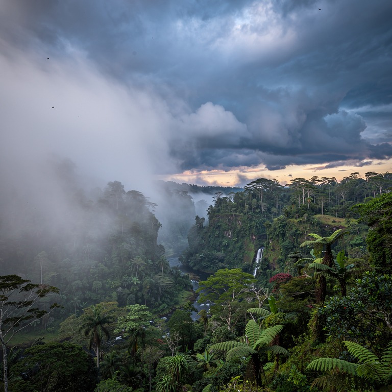 Storm clouds gathering over a rainforest valley at dusk | ShopAyahuascaRetreats