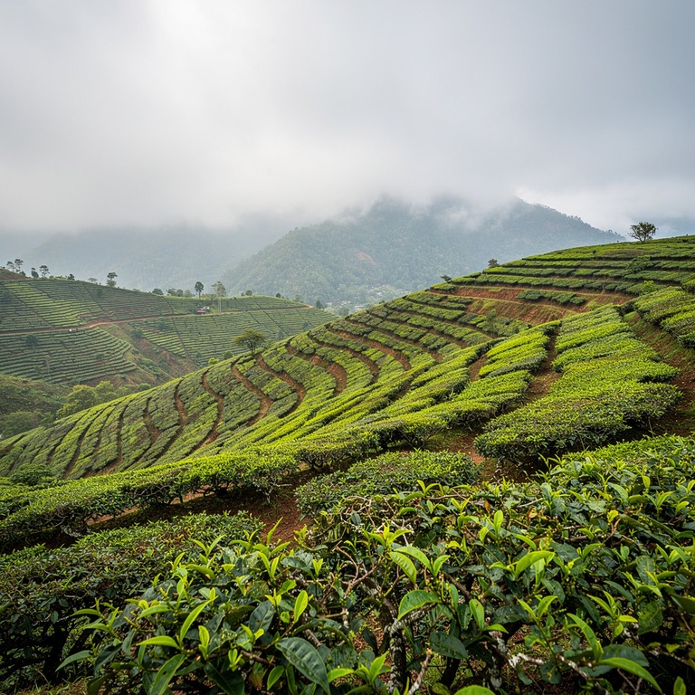 Tea plantation terraces with bright green new leaves, mounta... | ShopAyahuascaRetreats
