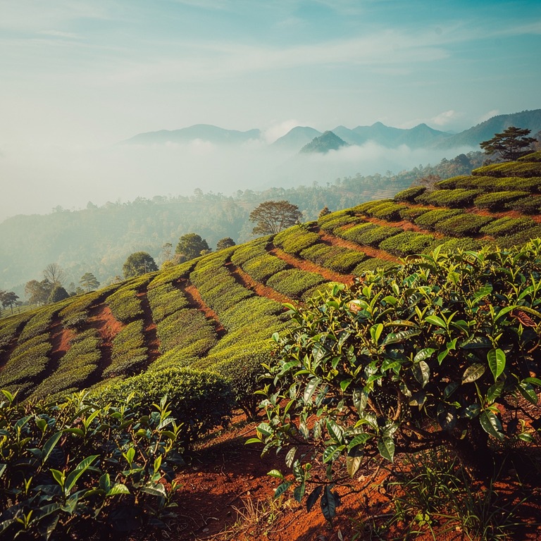 Tea plantation terraces with bright green new leaves, mounta... | ShopAyahuascaRetreats
