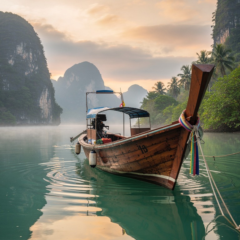 Thai longtail boat on a still lagoon at dawn | ShopAyahuascaRetreats