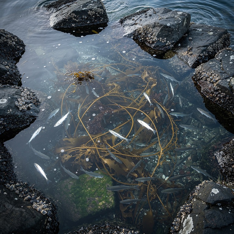 Tide pool with kelp and small fish, overhead view | ShopAyahuascaRetreats