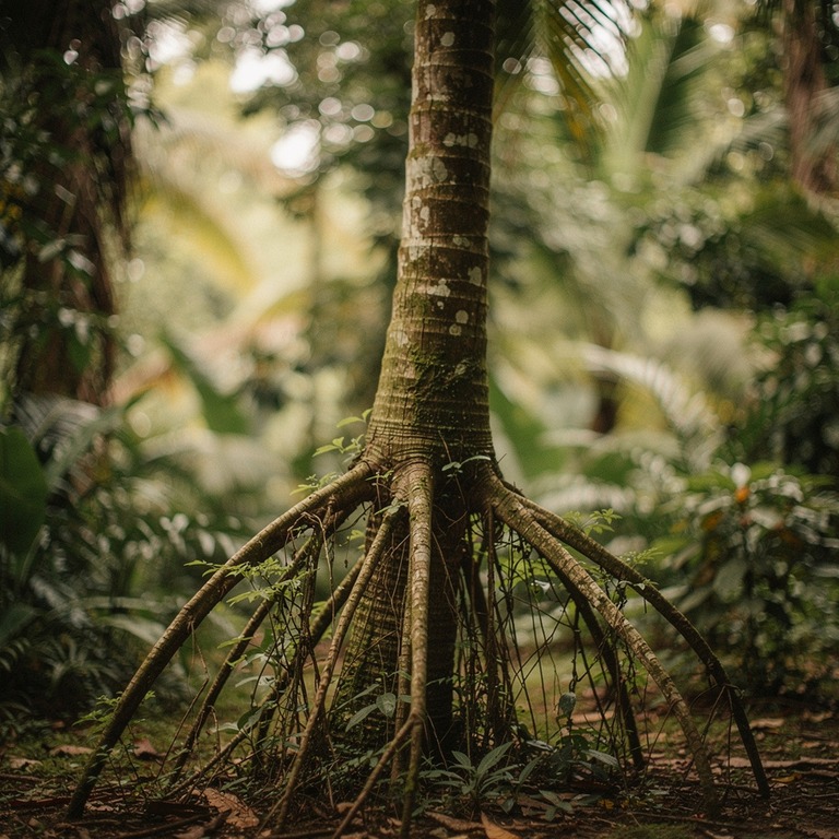 Walking palm tree with stilted exposed roots, low jungle lig... | ShopAyahuascaRetreats